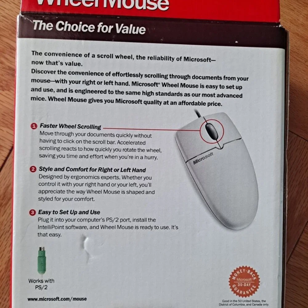 NEW! Vintage Microsoft X08-70343 1.0 PS/2 Wheel Mouse